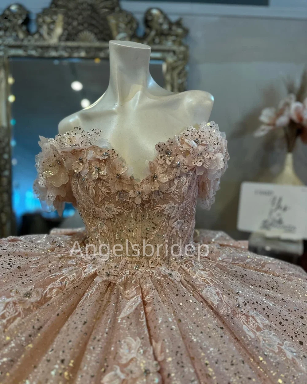 Angelsbridep Customized Luxury Off Shoulder Ball Gown Quinceanera Dresses Pink Glitter Tulle Vestidos De 15 Años Quinceañeras