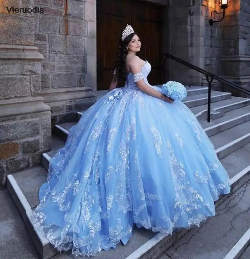

Stunning Bahama Blue Sweet 16 Quinceanera Dresses Sequins Lace Applique Sweetheart Removeable Short Sleeve vestido de 15 anos