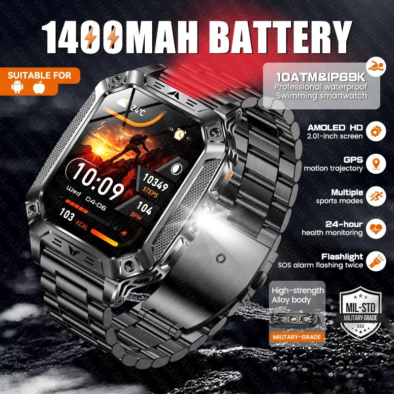 New Men Military Outdoor 1400mAh Battery Smart Watch 2.01