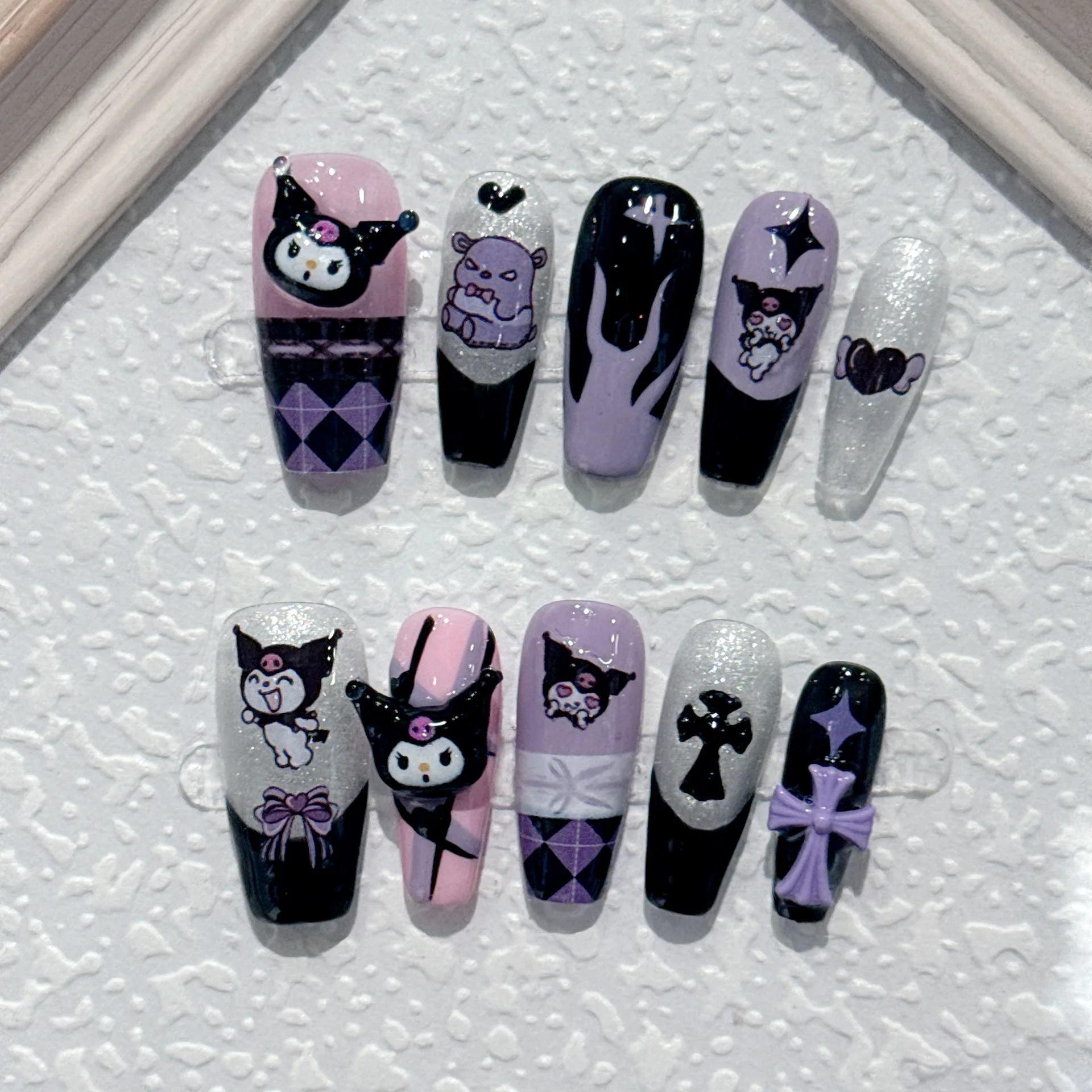 Sanrio Kuromi Cartoon Press on Nails Long Full Cover Stick on French False Nail Tips kawaii Anime Wearable Fake Nails