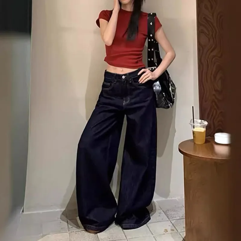 

Dark Blue Straight Jeans Women's New Short Loose Wide-leg Pants Retro Mop Pants