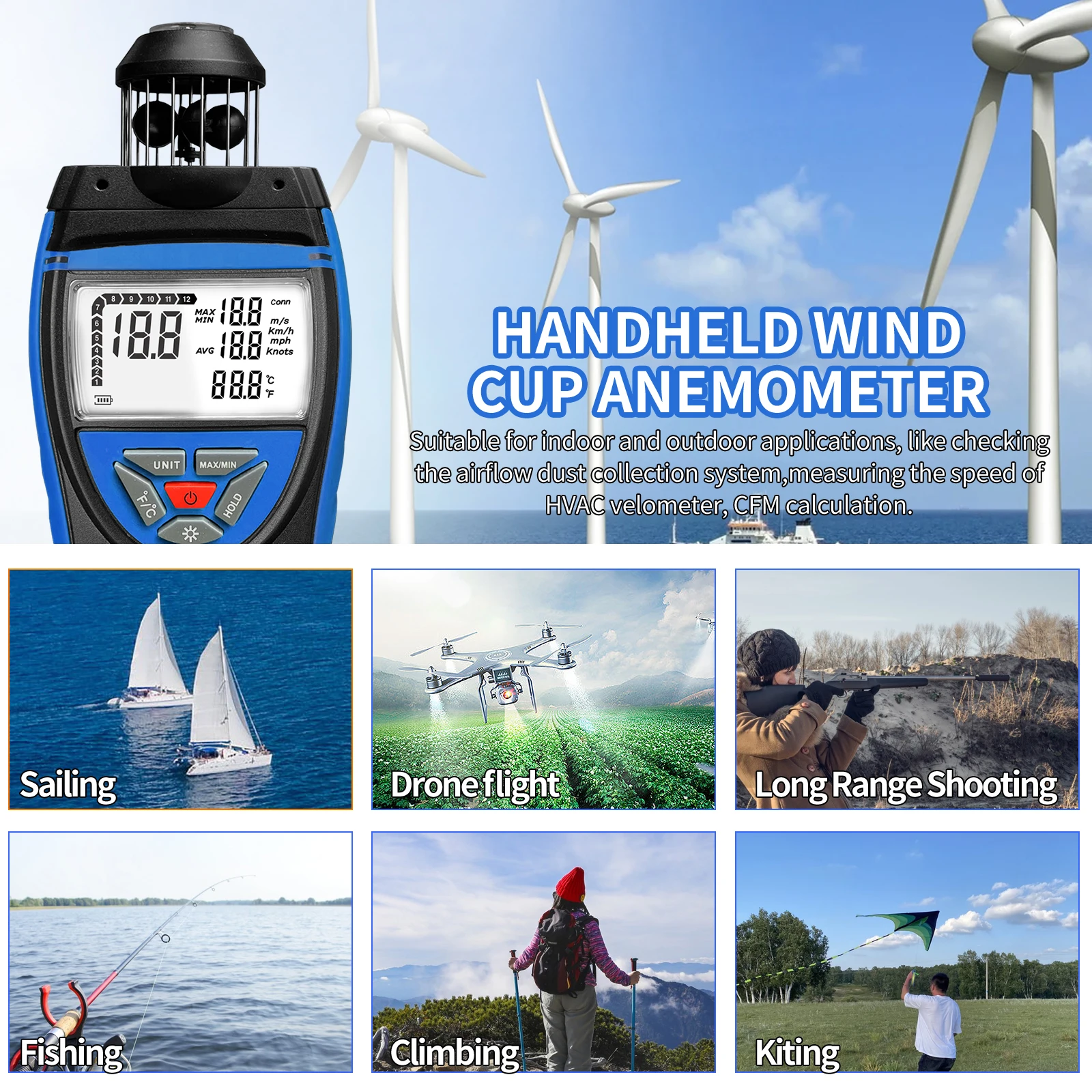 3-in-1 Wind Speed Anemometer 0.8-150km/h, High-Precision Wind Temp/AVG Meter with Compass & Data Logging, IP65 Industrial Wind