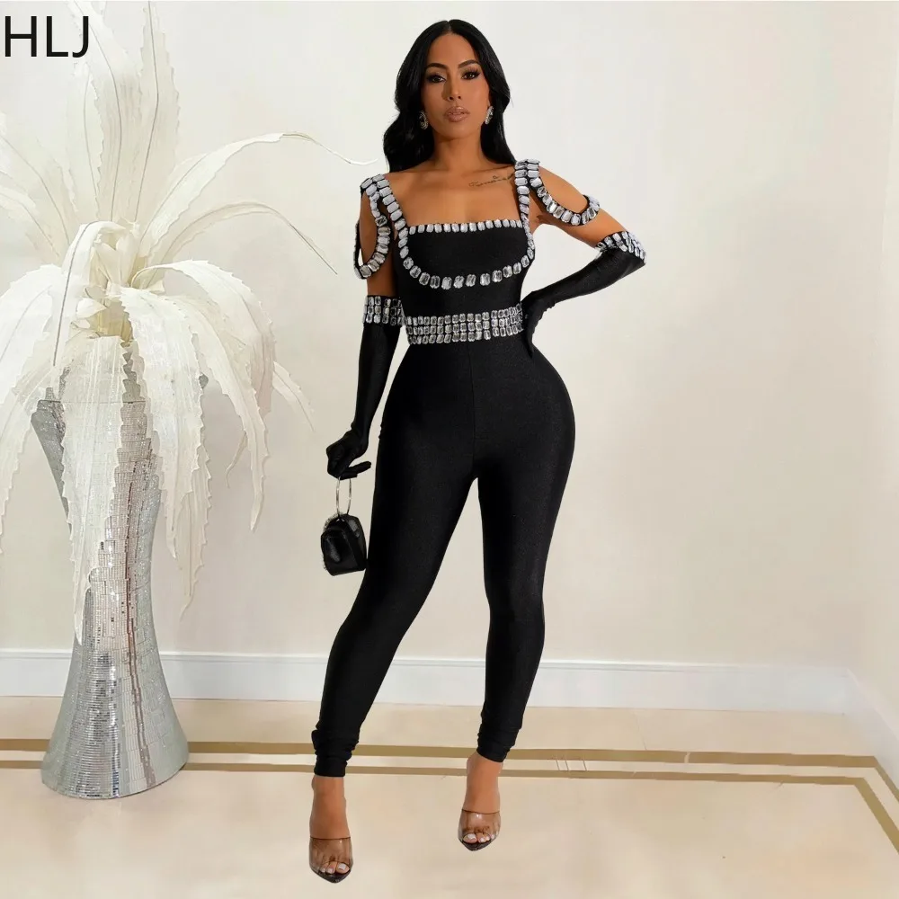 HLJ Fashion Rhinestone Backless Bodycon Jumpsuits Women Strap Sleeveless Party Club Playsuits Female With Sleeve Glove Overalls