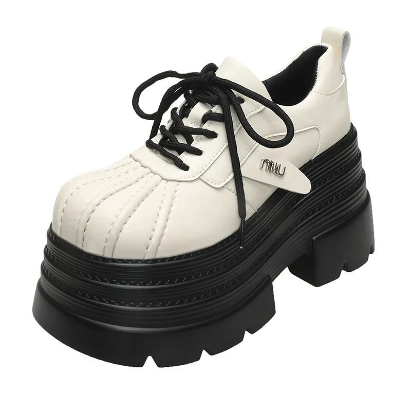 New 2025 Spring Women\'s Leather Sneakers High Platform Lace-up Casual Shoes Thick Sole 10CM Heels Walking Shoes Zapatos Mujer
