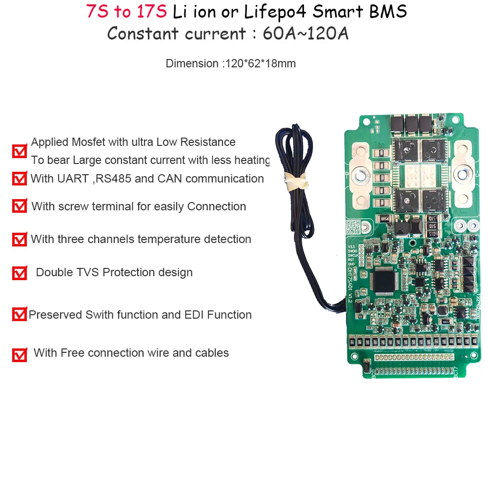 Li-ion Smart BMS com software de comunicação UART, corrente constante, RS485, 30 60A, 58.8V, 14S