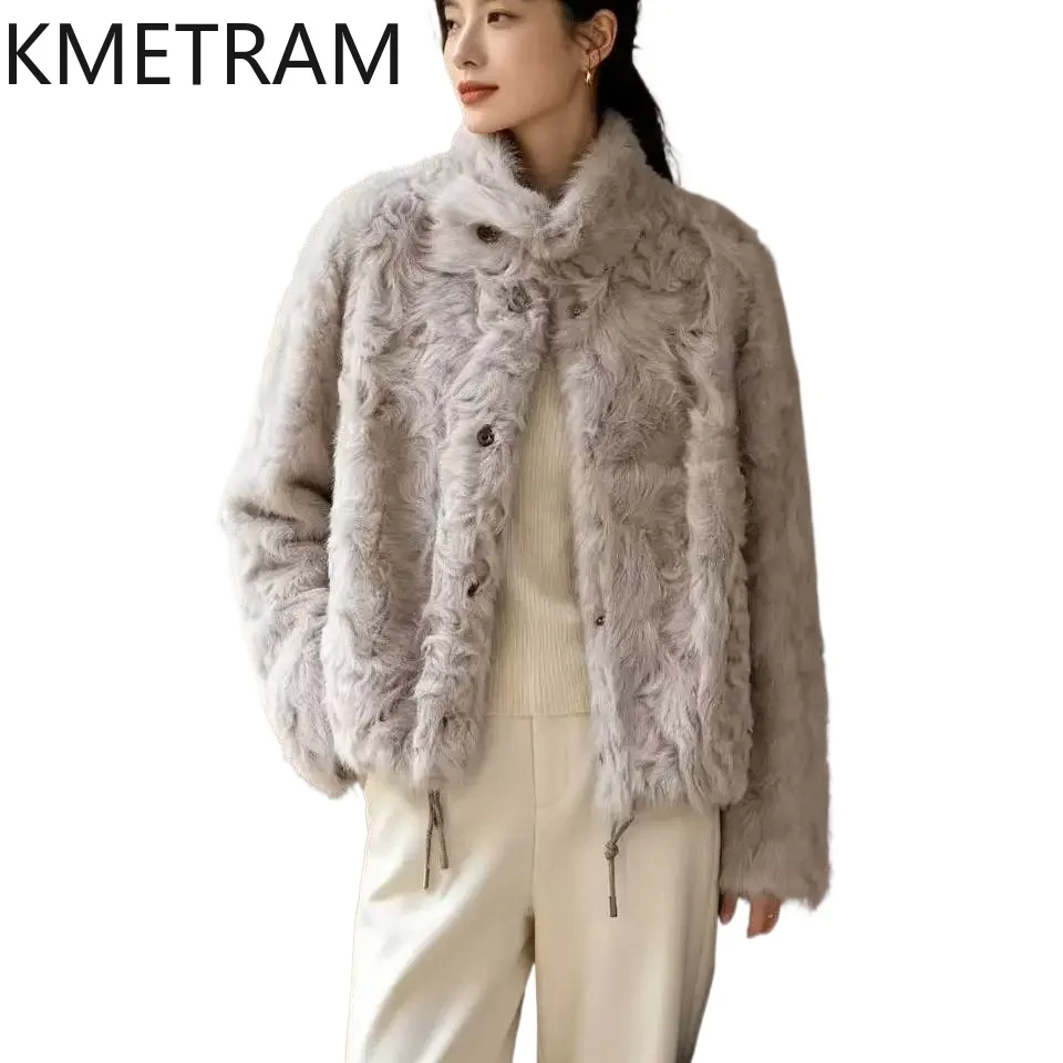 KMETRAM 100% Xiaohu Sheep Shearling Fur Coat Woman Fourrure Cropped Fur Jacket Women Winter Coats Reversible Outerwear Felljacke