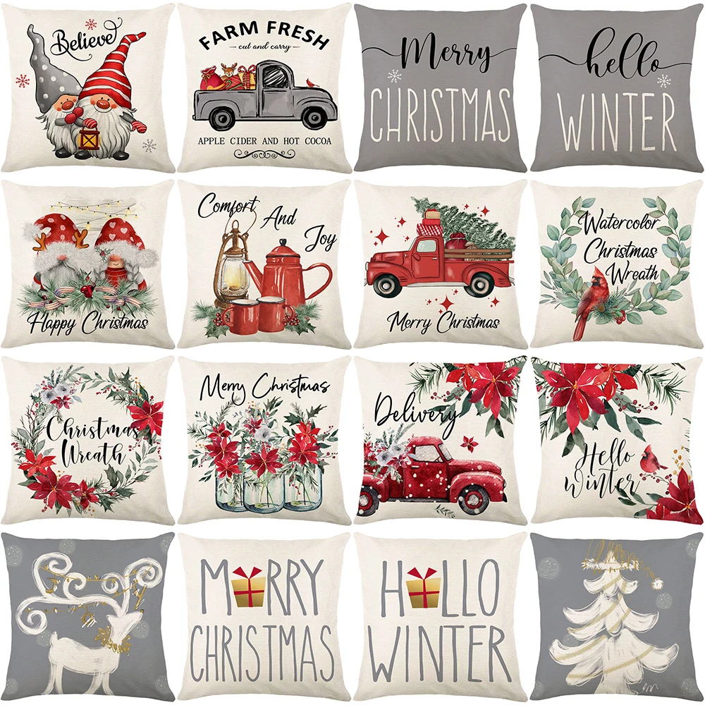 

Christmas Pillow Cover 18x18 Inches Linen Pillow Case Xmas Ornament Party Decorations Couch Cushion Cover Home Decor Pillowcases