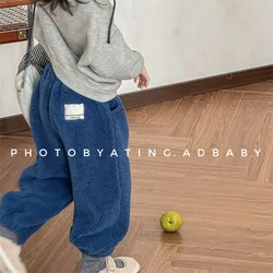 2024 Winter Children's Pants Baby Girls Lamb Wool Thickened Pants Boys Solid Fleece Warm Casual Trousers Kids Clothes