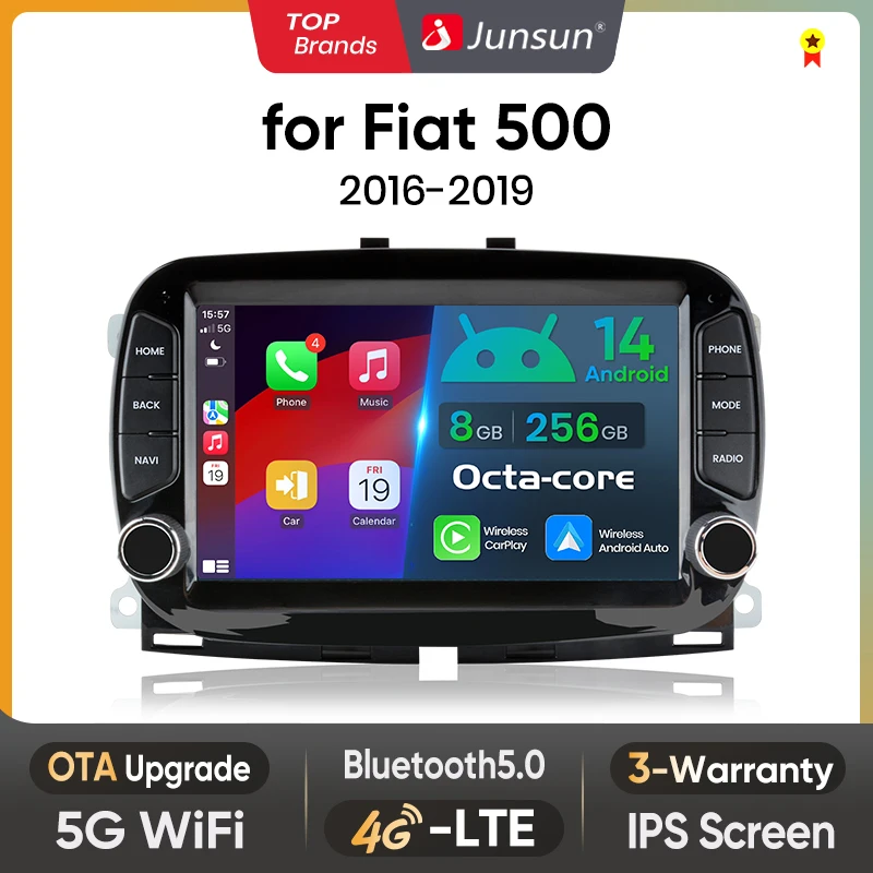 Junsun 7 "Wireless Carplay Android Auto Autoradio per FIAT 500 2016 2017 2018 2019 Stereo GPS Lettore Multimediale 4G FM SWC