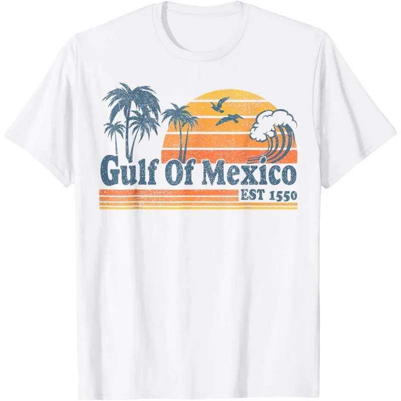

Men’s Graphic T-Shirt Retro Gulf of Mexico Sunset Palm Tree Print Vintage Beach Summer Vacation Style Casual Streetwear Top