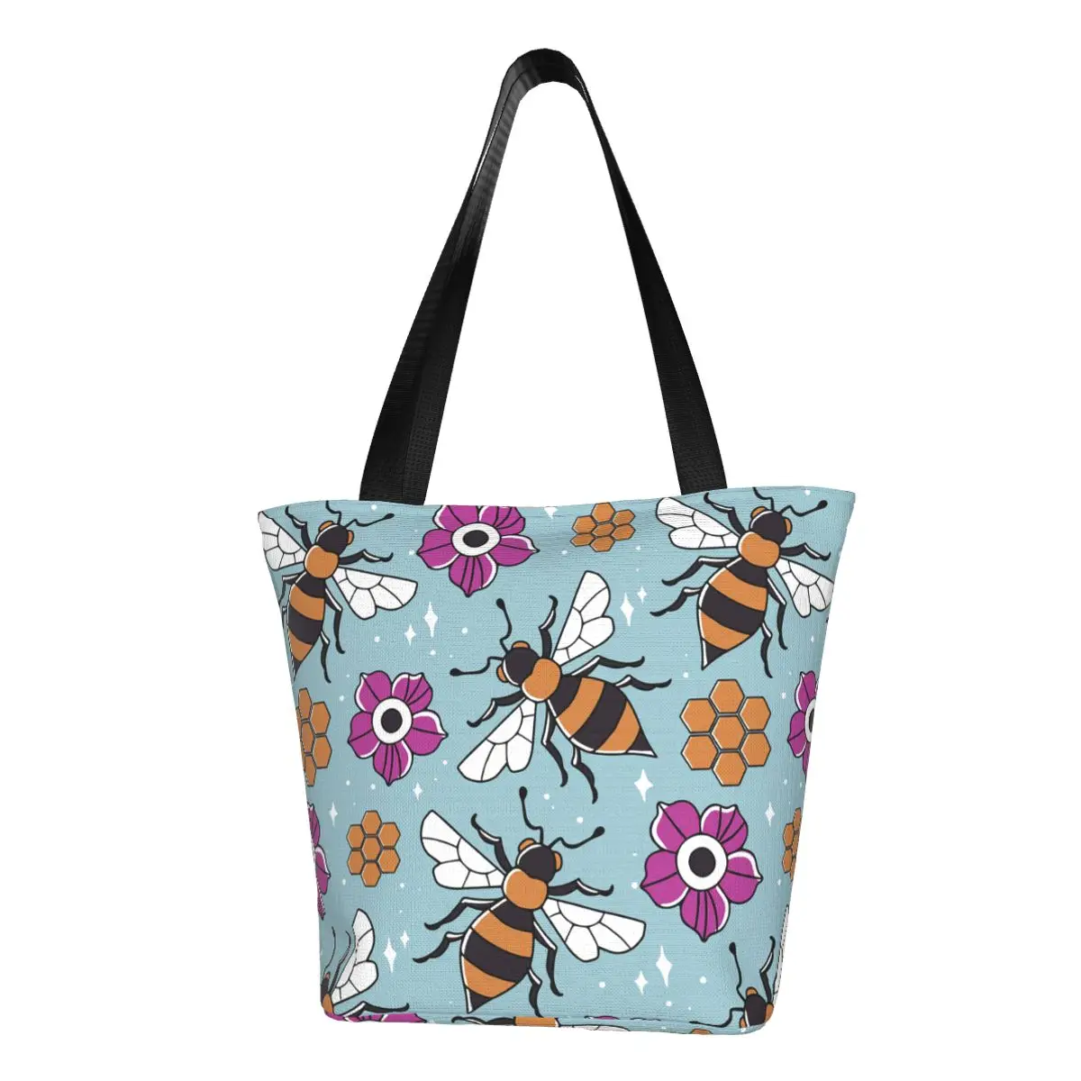 Bolso de compras personalizado con diseño de abeja y miel en forma de panal, bonito bolso de compras de lona, bolso de hombro portátil de gran capacidad