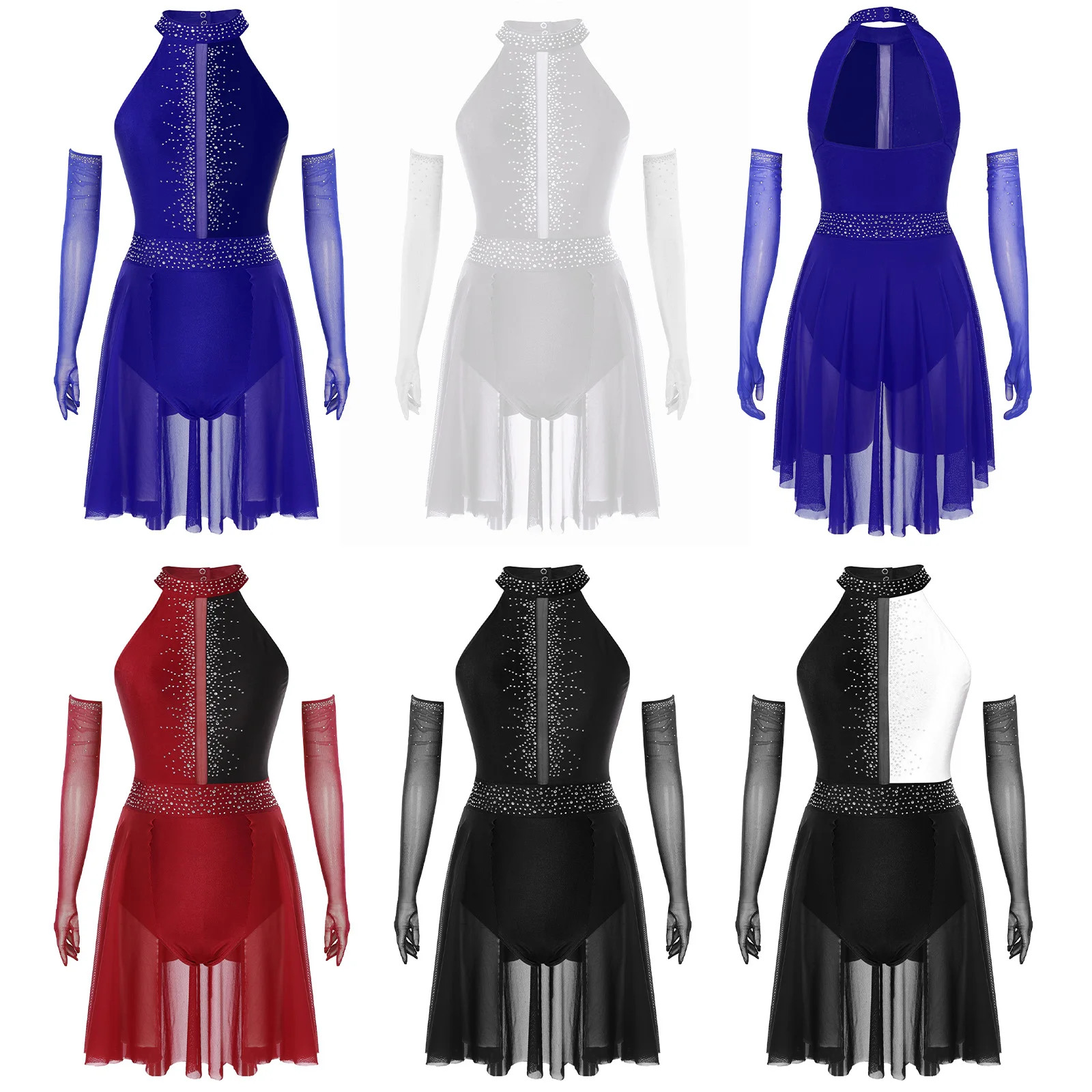 

Womens Sparkly Rhinestone Lyrical Modern Dance Outfit Leotard Dress And Gloves for Latin Cha-cha Samba Skating Dance Performance