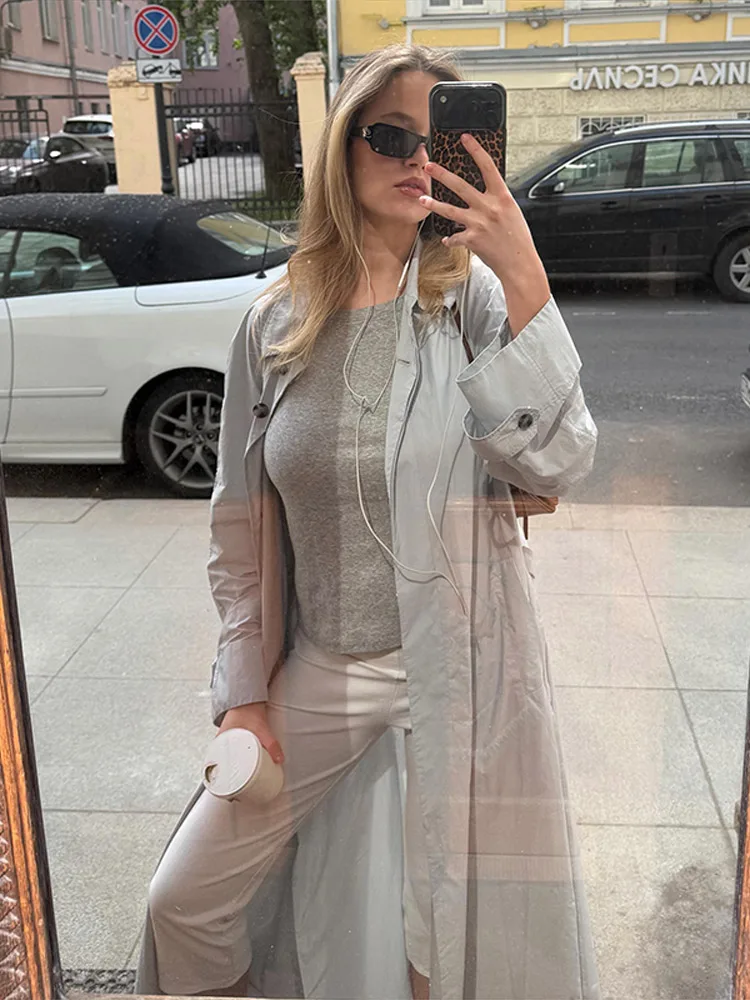 Damenjacken mit Revers, Einreihig mit Gürtel, Dünne Trenchcoats, Streetwear für Frauen, Langarm, Einfarbig, Lockerer Mantel, Neue Damen-Oberbekleidung – Detail 6