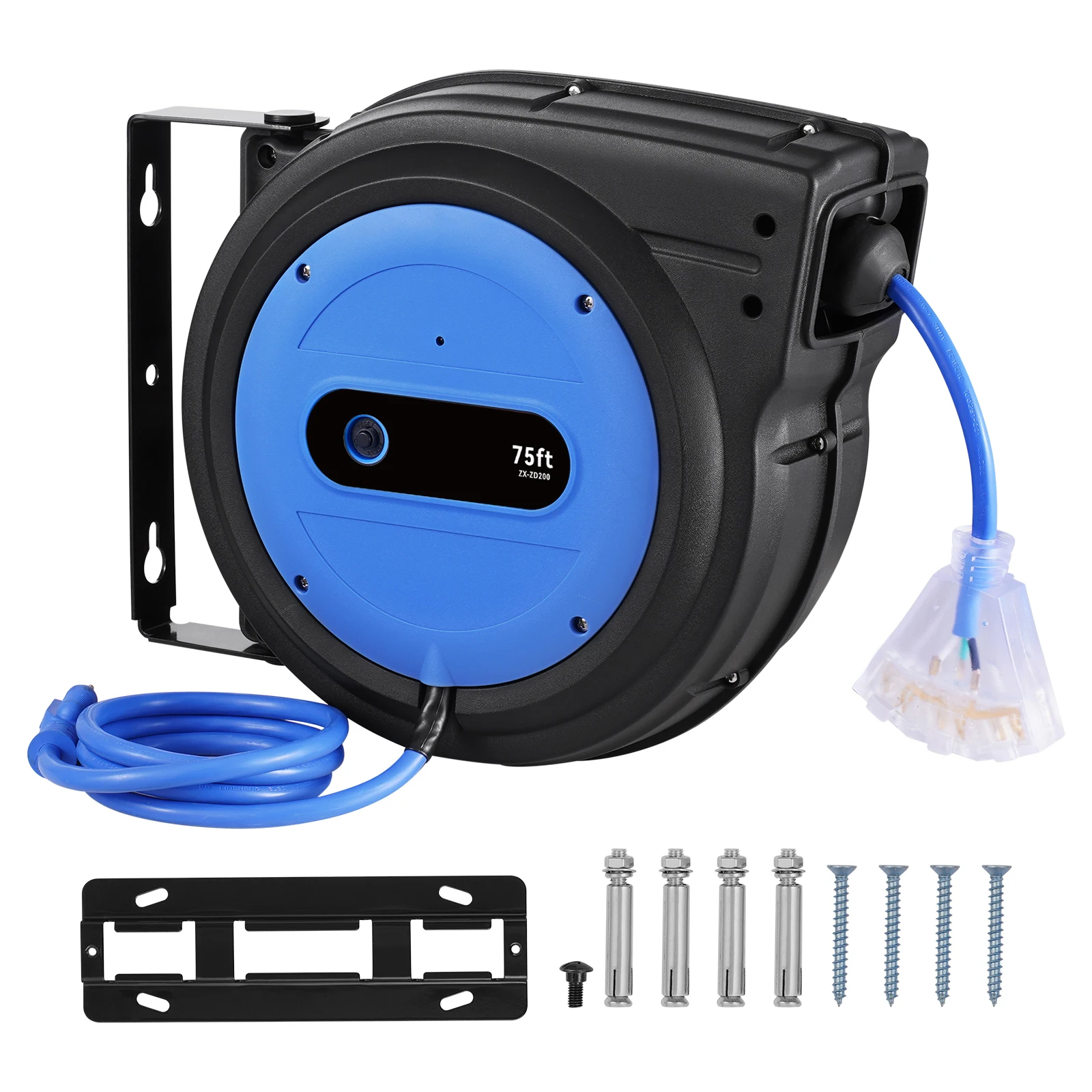 Retractable Extension Cord Reel, 75 FT, Heavy-Duty 14AWG/3C SJTOW Retractable Power Cord with Lighted Triple Tap Outlet, 13 Amp Circuit Breaker 180 °   Swivel Bracket for Ceiling or Wall Mount