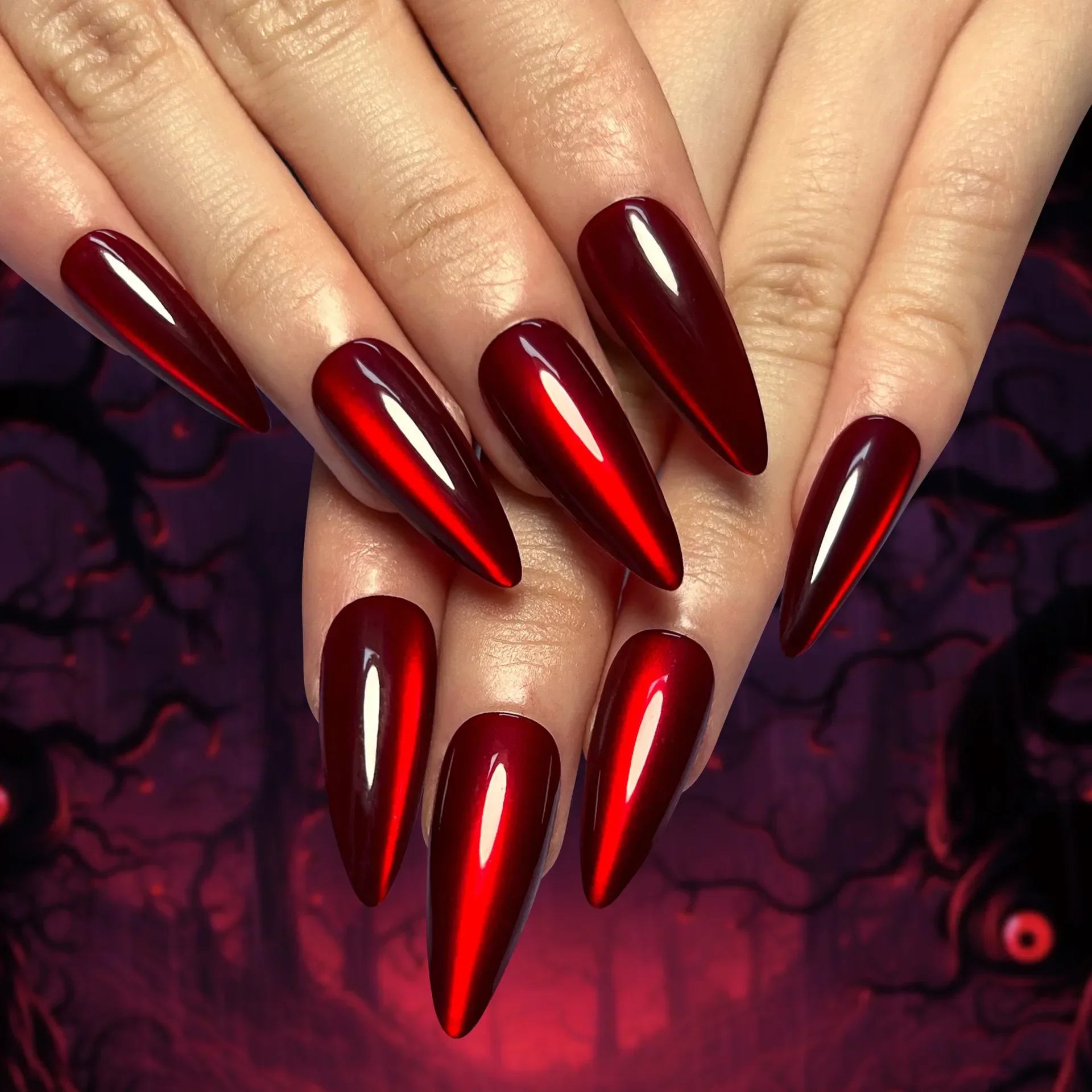 Shiny Red Cat Eye Press on Nails Tinta unita Unghie finte Art Halloween Delicate unghie finte Charms Forniture Accessori all'ingrosso