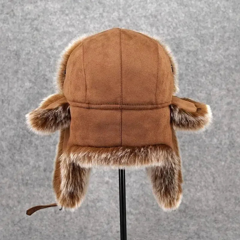 Winter Women Man Bomber Hat Russian Warm Thicken Rabbit Sheep Fur Earflap Hats  Leifeng Windproof Snow Ski Hat Black Bomber Cap