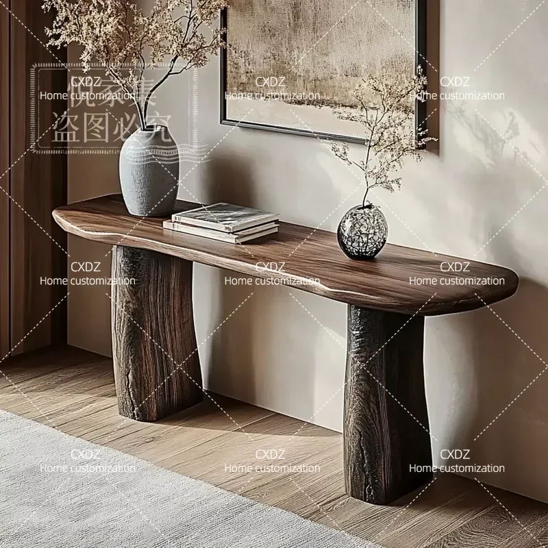 Wabi Sandy Wind Solid Wood Entrance Table Antique Log Aisle Console Against Wall Entryway Platform Corridor End View