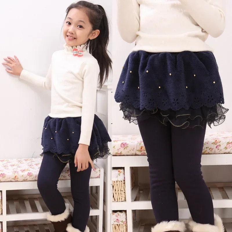 New Winter Girls Thick Leggings Lace Skirt Legging For Kids Cotton Children Pants Baby Tutu Pants Toddler Warm Trousers