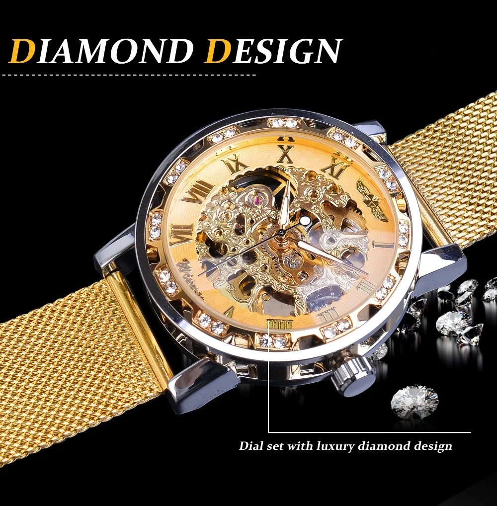 WINNER brand Golden Men mechanical watch skeleton fashion business mesh steel strap watch men and women watch