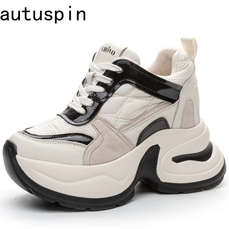 

Autuspin Women Fashion Street Shoes Internal Height Increased Ladies Luxury Sneakers Leisure Platform Sneaker Genuine Leather