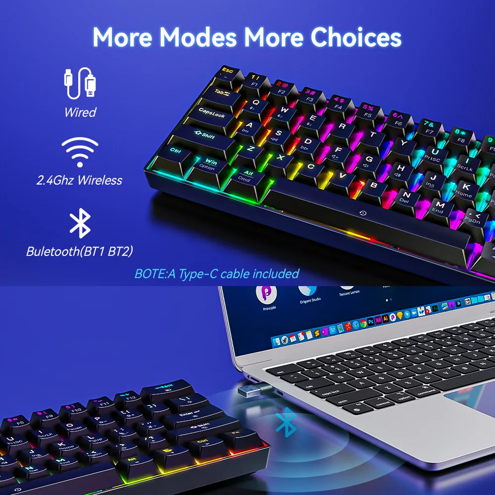 Bluetooth three-mode rechargeable mechanical keyboard 61 keys RGB backlit for gaming home and office wireless keyboard
