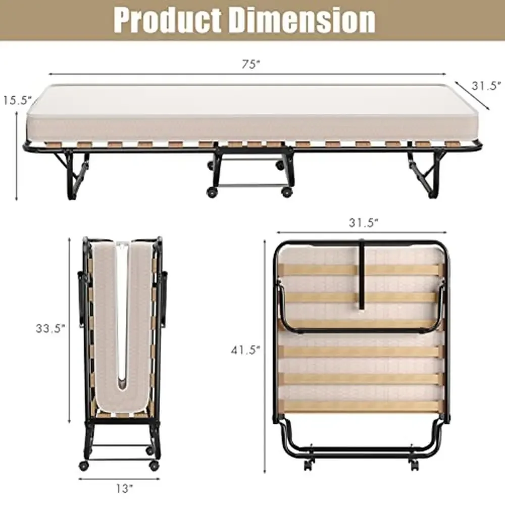 Folding Bed Memory Foam Mattress Rollaway Cot Sturdy Metal Frame 75 x 31.5 In Foldable Corrosion Resistant Storage Space Easy