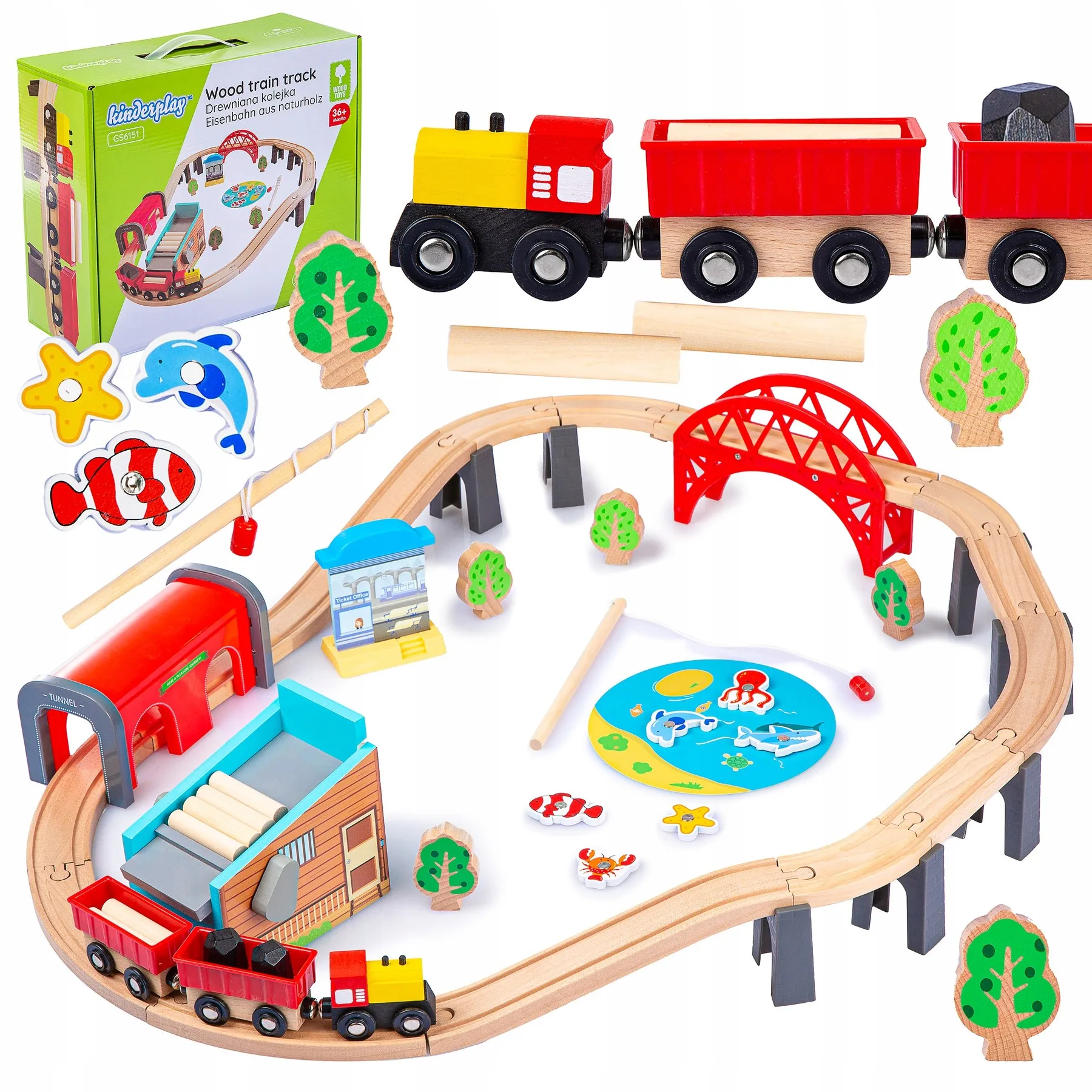 Holzeisenbahn-Set für Kinder: Spielzeugzug mit Brücke, Gabelung und Angeln