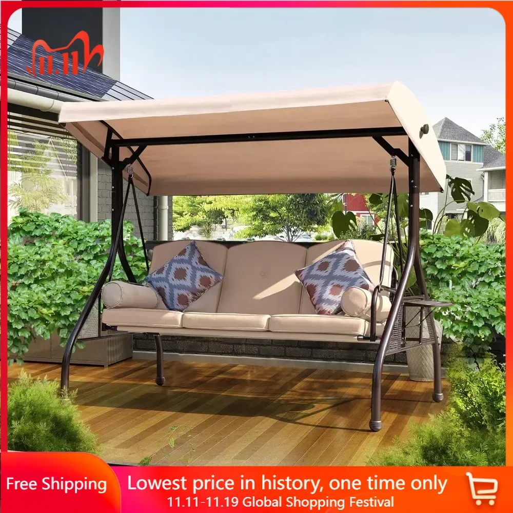 

Patio Swing, Swing Bed, 3-Seat Outdoor Swing Set with Adjustable Canopy, Thickened Cushion & Foldable Side Tray, Outdoor Swing