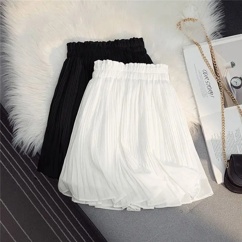 Falda de gasa de Color liso para mujer, pantalón plisado de cintura alta, plisado, antibrillante, 2024, novedad de verano, 100