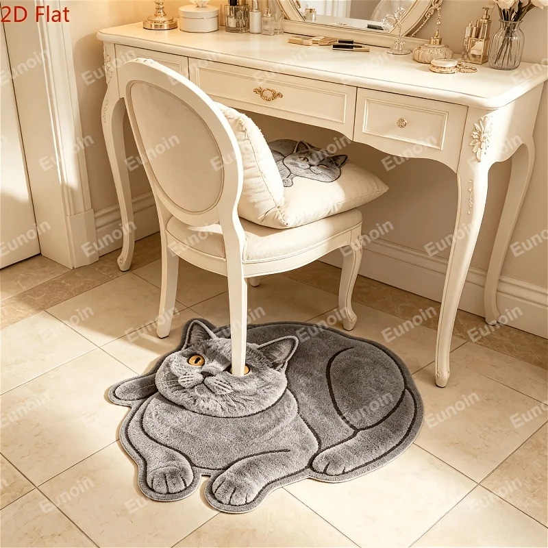 VIKAMA British Shorthair Blue Cat Shaped Floor Mat Cute Animal Print Non Slip Irregular Entrance Bedroom Decor Rug