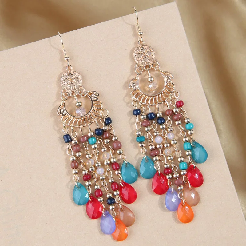 Kymyad Hanging Earrings Jewelry For Women Handmade Colorful Beads Tassel Long Earrings Vintage Women's Earrings