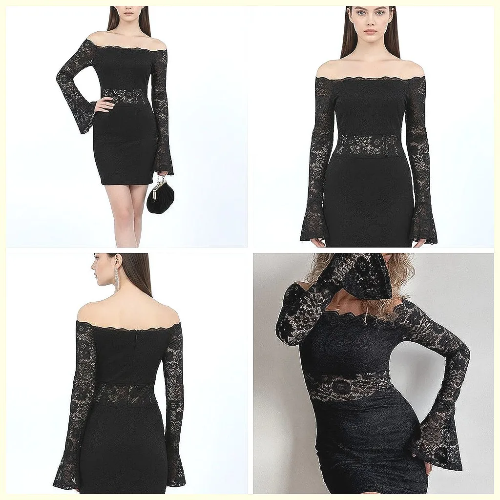 

Sexy Black Lace One Shoulder Mini Dress, Off Shoulder Flared Sleeve Bodycon Party Gown for Women