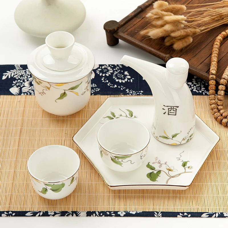 Tangshan bone china Baijiu hot wine set, wine cooler, wine cup, pot, pottery, two person, wine set, warm wine set.