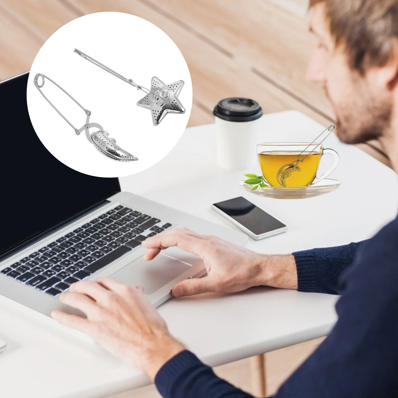

2pcs Stainless Steel Tea Strainer Silver Long Grip Tea Leaf Pincer Moon Star Shaped Filter For Loose Leaf Herbal Teas Home