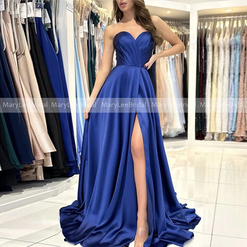 

High Slit Royal Blue Bridesmaid Dresses Sweetheart Neckline Pleat Shiny Satin Long Wedding Guest Dress Maid of Honor Party Gowns