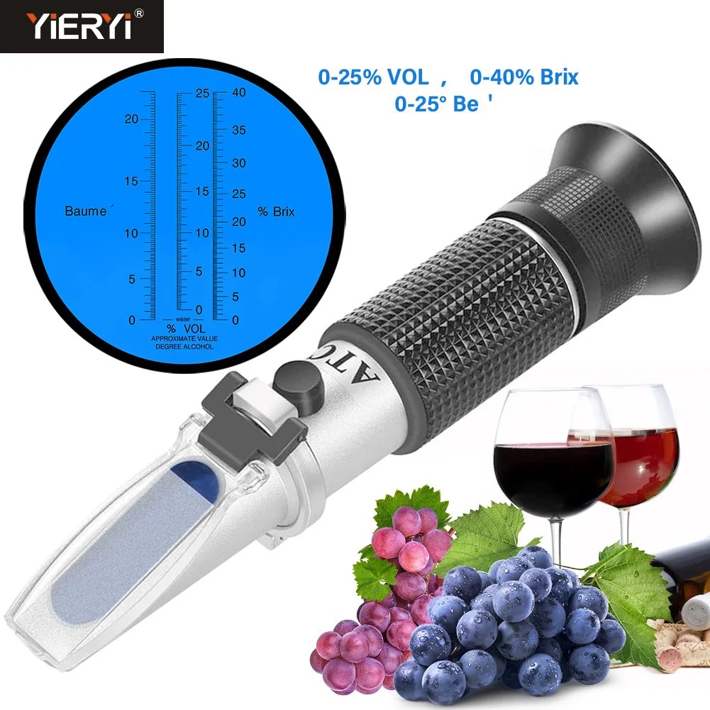 Refratômetro de Vinho de Uva Medidor de Concentração com Atc para Fabricação de Cerveja e Vinificação Testador de Vinho de Uva 25 Álcool 40 Brix 0-25 ° 3-em1