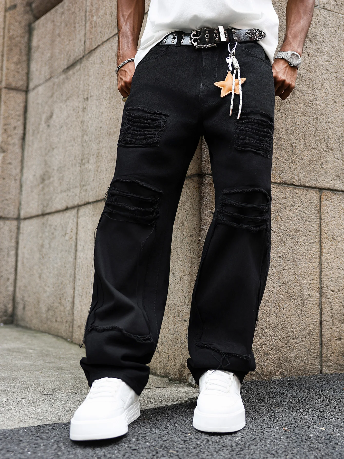 Herren Hollow-out Y2K Baggy Denim Jeans für Männer Mode Freizeithosen Streetwear Hip-Hop Denim Weites Bein Schwarz Tägliche gerade Hosen