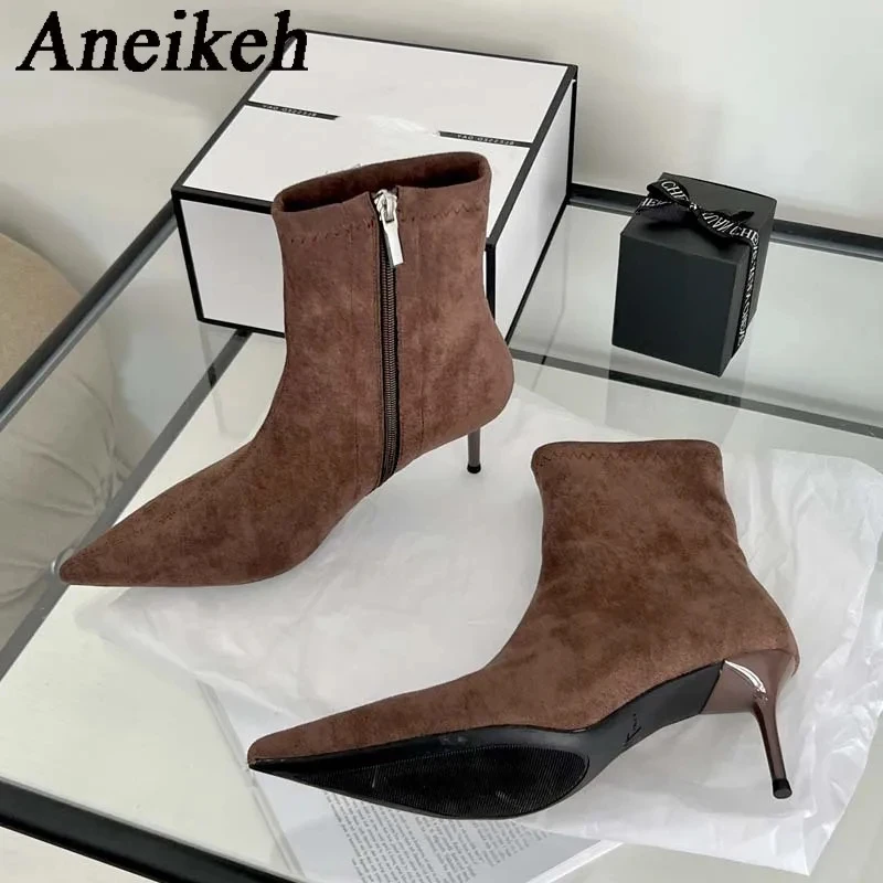 

Aneikeh/Осенне-зимние ботильоны с острым носком, дизайнерская винтажная женская обувь на тонком низком каблуке, короткие современные Botas Zapatos De Mujer