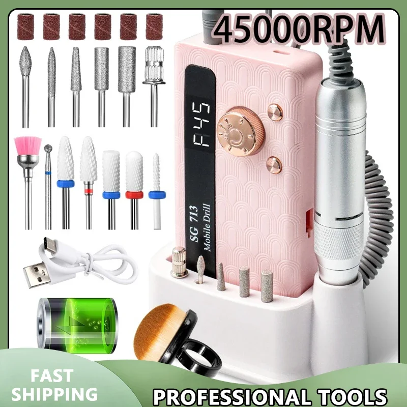 

ProfessionalPortable Nail Drill Machine 35000/45000RPM Rechargeable Electric Manicure File for Nails Gel Polish Removal Grinding