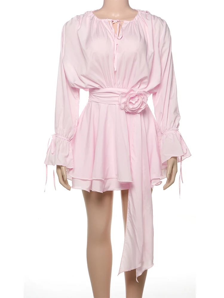 Strano gatto 3D decorazione floreale vestito da donna Y2K stile dolce manica svasata nastro increspato vacanza moda elegante mini aderente