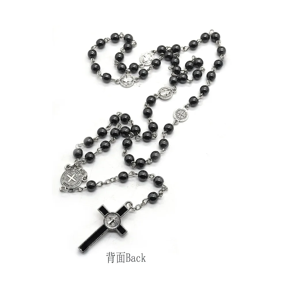 Retro Religion Belief Catholic Cross St. Benedict Black Gallstone  Prayer Rosary Pendant Necklace Men Accessories Jewelry Gift