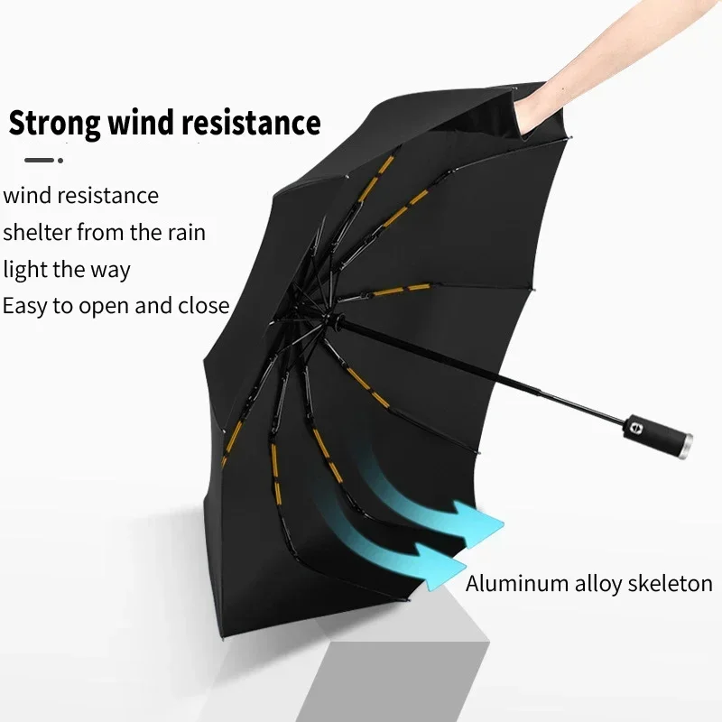 High-grade 10-bone Durable Creative Automatic Bag Torch LED Umbrella Business Umbrella Sunshade Umbrella Three Folding Umbrella