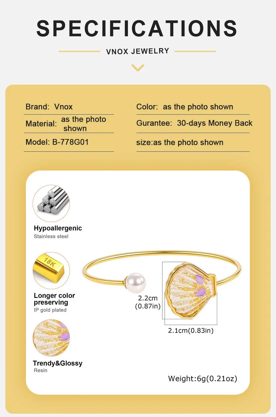 Vnox Boho Buntes Harz-Muschel-Imitat-Perlen-Armband für Frauen, Emaille-Manschette, Niedlicher Armreif, Ozean-Strand-Urlaubsschmuck – Detail 4