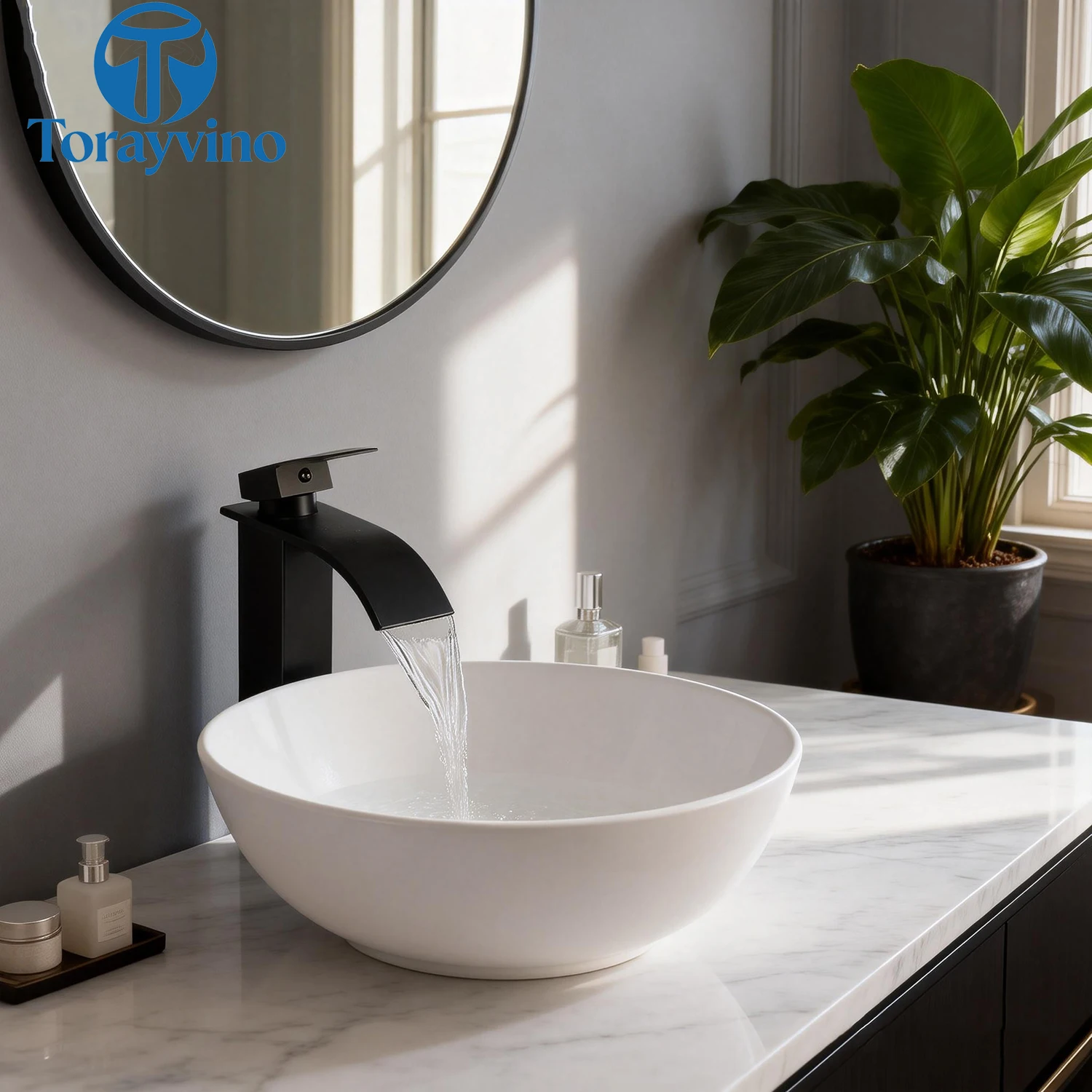 Torayvino Bathroom Basin Sink Set with Matte Black Faucet Pop Up Drain Hot and Cold Waterfall Mode Mixer Faucets Sink Taps view 5