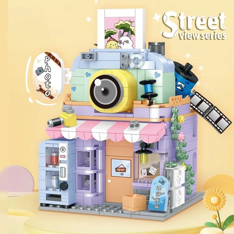 Mini City Street View Photo Studio House Building Blocks 6 in 1 Bookstore Cafe Model Toy Bricks Friends Children Birthday Gift