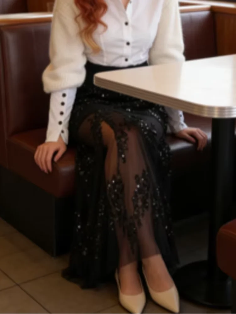 

Fashion Sequin See Through Long Skirt Women Solid Loose Patchwork Evening High Waist Skirts Female Chic Spring Bottom Clothing
