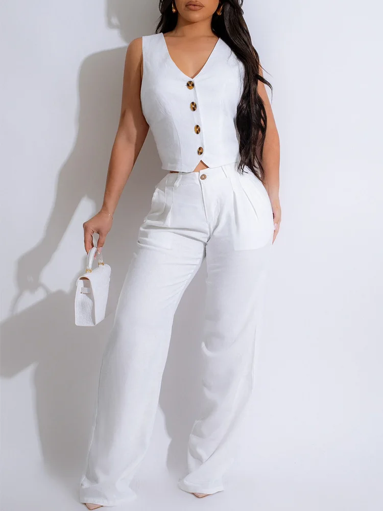 Buttoned Sleeveless V Neck Crop Tops & Pocket Pants Set Women Casual OL Two Piece Set Outfits