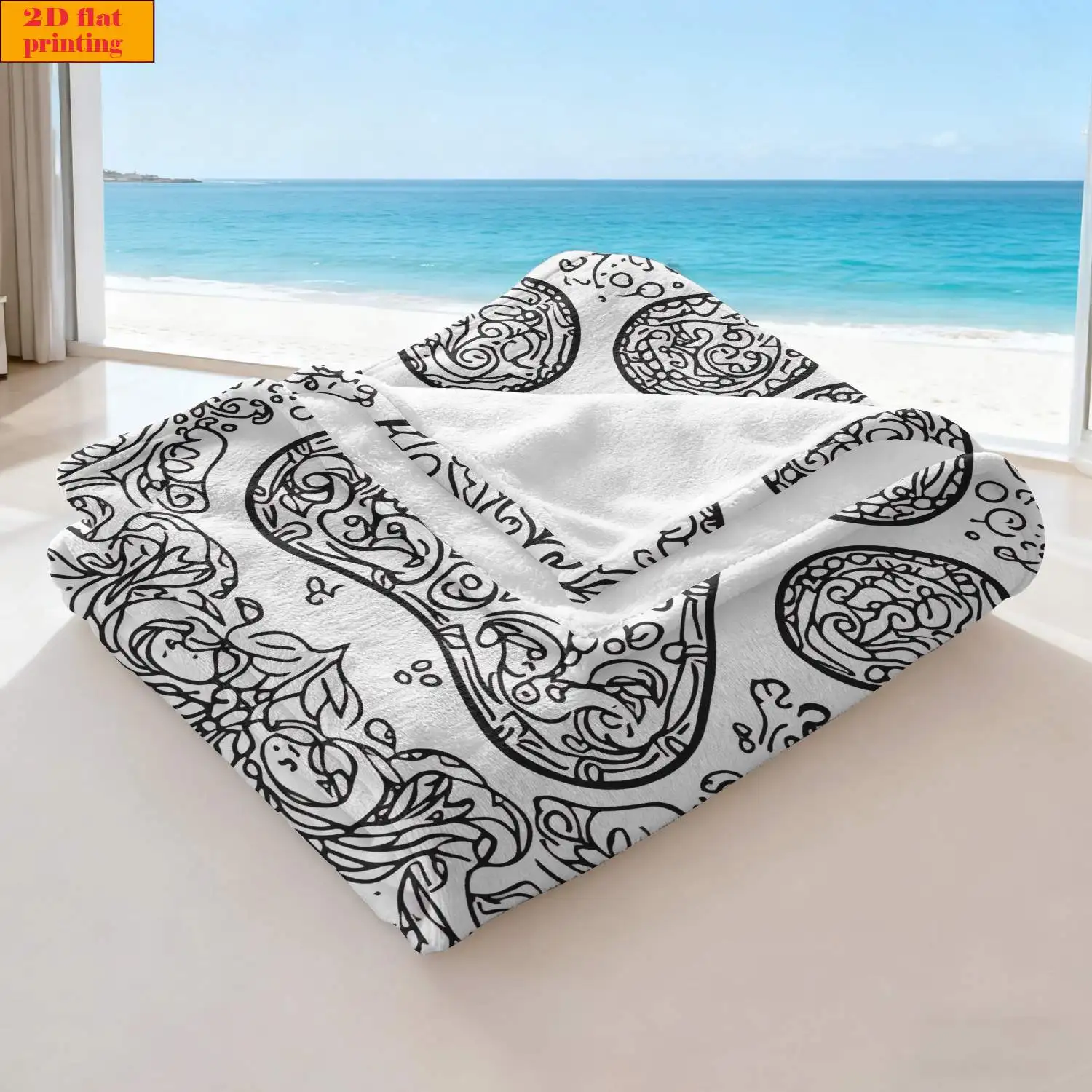 Black Line Mandala Paw Print Floral White Base Flannel Throw Blanket Soft Warm Cover For Sofa Bedroom Pet Lover Boho Decor Gift