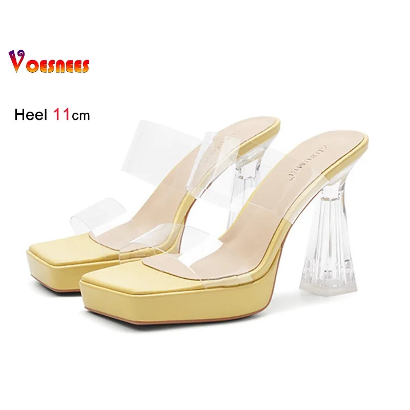 

Модные женские шлепанцы на высоком каблуке 11 см с кристаллами, на толстом каблуке, с прозрачным ремешком, на толстой подошве, летние повседневные женские сандалии