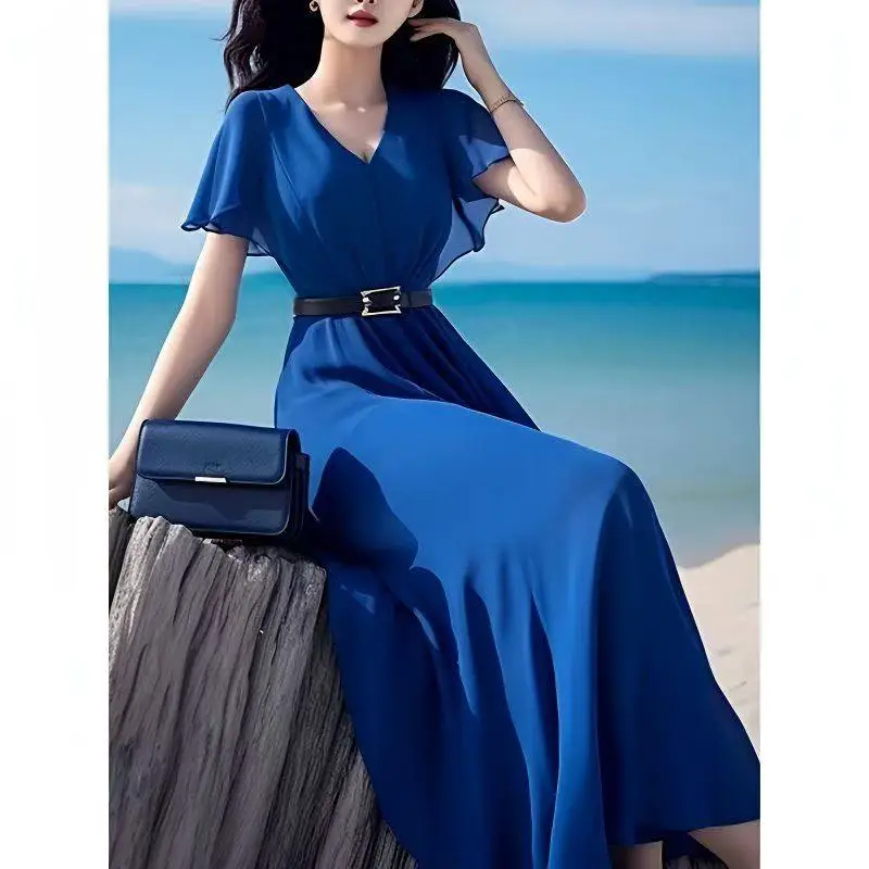 

French Beautiful Temperament Fairycore Slim Dress Women Summer V-Neck Short Sleeve Long Dress Solid Color Elegant Party Dress